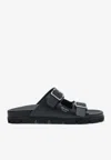 Prada Flat Sole Open Toe Leather Sandals In Black