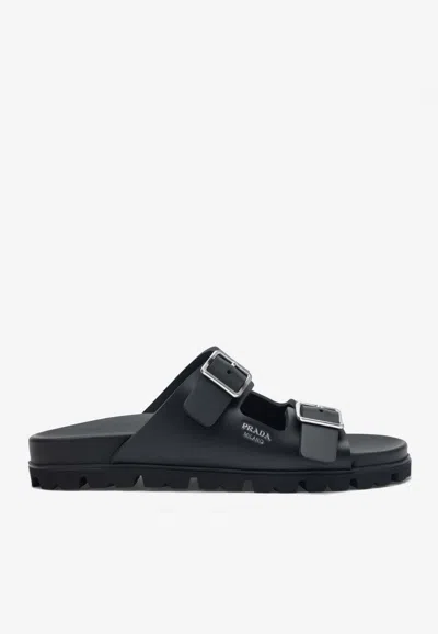 Prada Leather Slider Sandals In Black