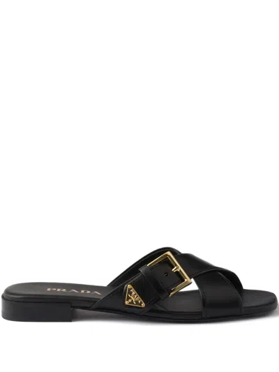 Prada Leather Crisscross Slides With Buckle Shoes In Black