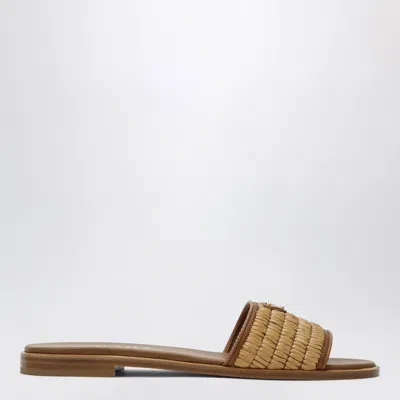 Prada Leather Slider Sandals With Crochet Details In Brown