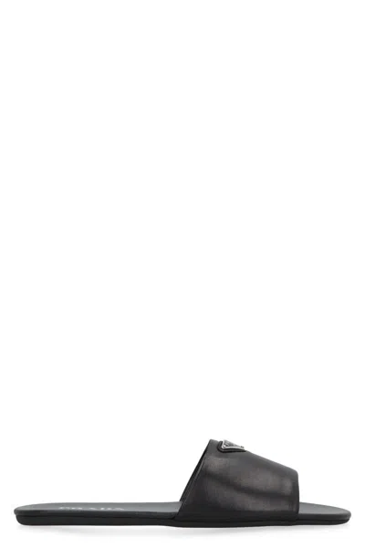 Prada Triangle-logo Slip-on Sandals In Black