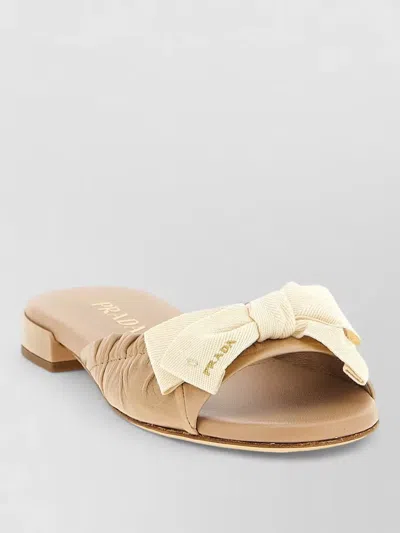 Prada Leather Slides Contrast Bow Flat Sole In Neutral