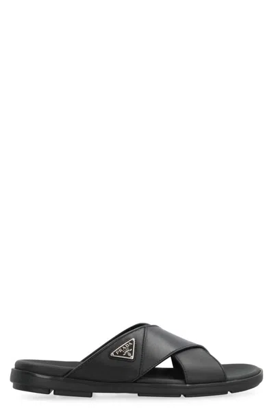 Prada Triangle Logo Criss-cross Sandals In Black