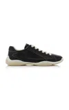 Prada Leather Sneakers With Contrast Stitching And Rubber Sole In Pattern