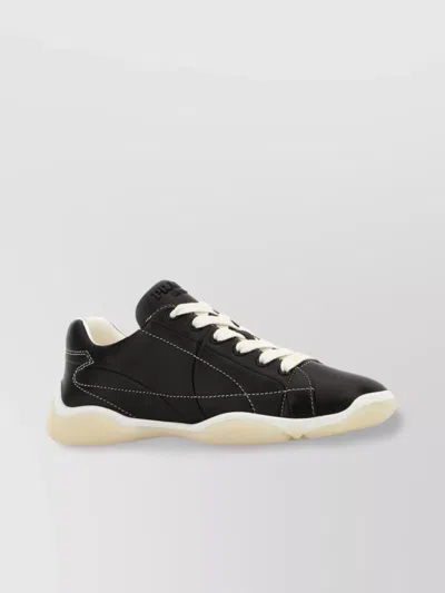 Prada Leather Sneakers With Contrast Stitching And Rubber Sole In Pattern