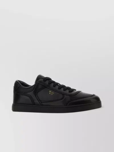 Prada Leather Sneakers With Flat Sole And Round Toe In Black