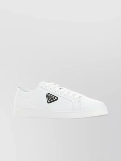 Prada Leather Sneakers With Metal Logo Triangle In White