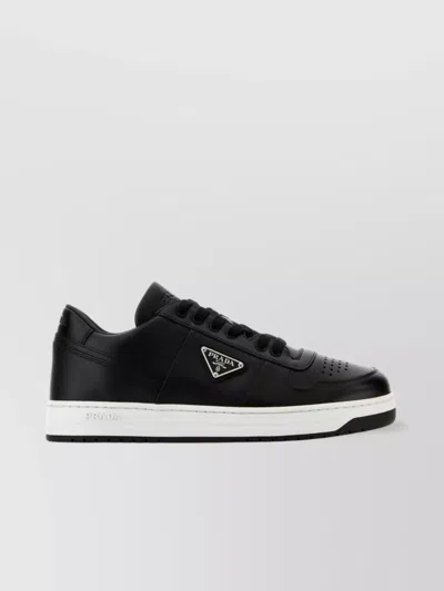 Prada Leather Sneakers With Perforated Toe Cap In Black