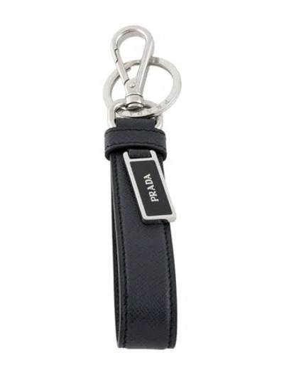 Pre-owned Prada Leather Strap Logo Keychain In Blue