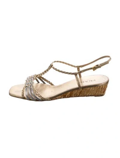 Pre-owned Prada Leather Striped T-strap Sandals In Gold