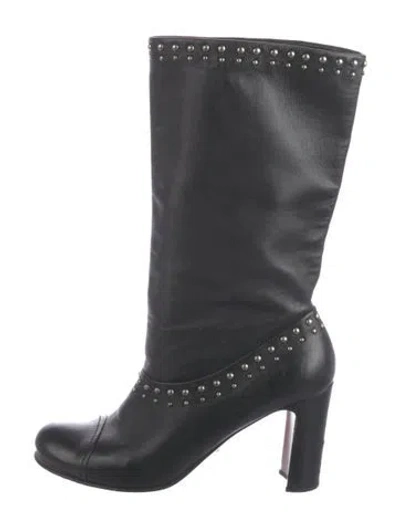 Pre-owned Prada Leather Studded Accents Boots In Black