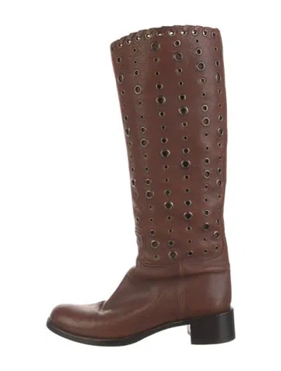Pre-owned Prada Leather Studded Accents Boots In Brown