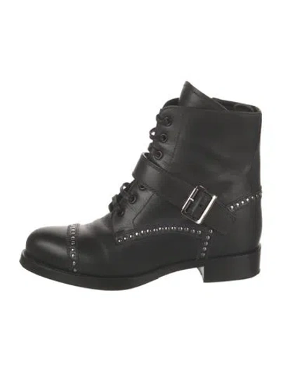 Pre-owned Prada Leather Studded Accents Combat Boots In Black