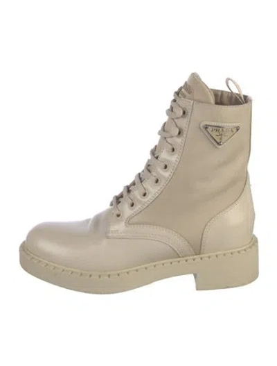 Pre-owned Prada Leather Studded Accents Combat Boots In Neutral