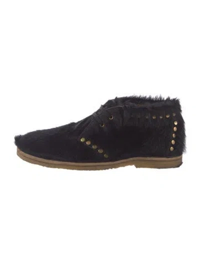 Pre-owned Prada Leather Studded Accents Lace-up Boots In Black
