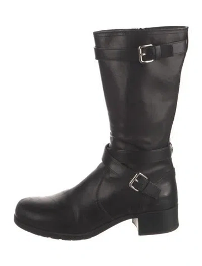 Pre-owned Prada Leather Studded Accents Moto Boots In Black