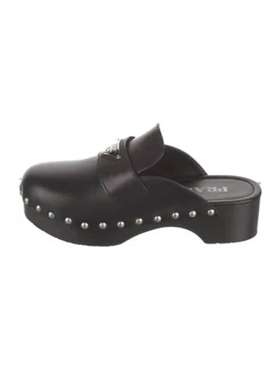 Pre-owned Prada Leather Studded Accents Mules In Black
