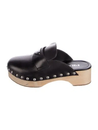 Pre-owned Prada Leather Studded Accents Mules In Black