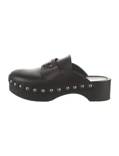 Pre-owned Prada Leather Studded Accents Mules In Black