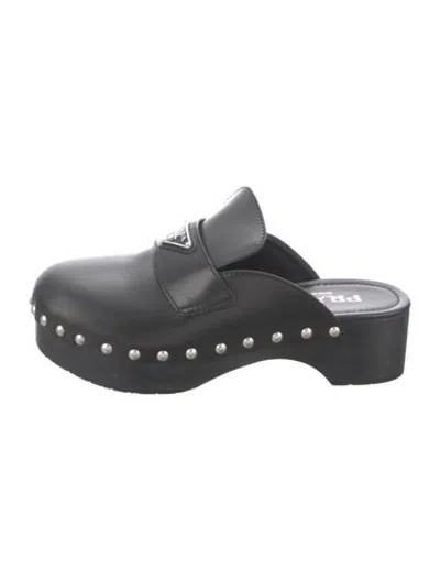 Pre-owned Prada Leather Studded Accents Mules In Black