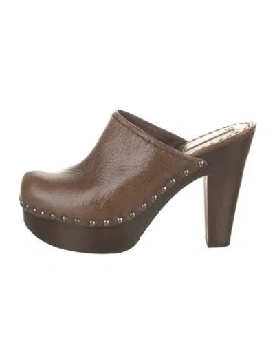 Pre-owned Prada Leather Studded Accents Mules In Brown