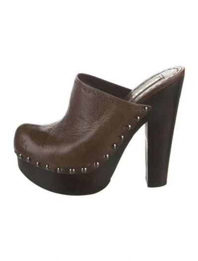 Pre-owned Prada Leather Studded Accents Mules In Brown