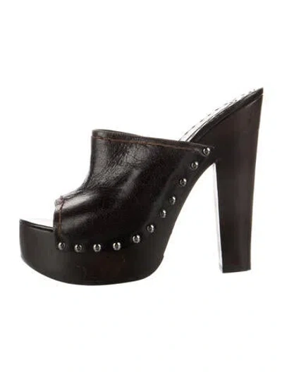 Pre-owned Prada Leather Studded Accents Mules In Brown