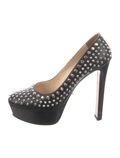 Pre-owned Prada Leather Studded Accents Pumps In Black