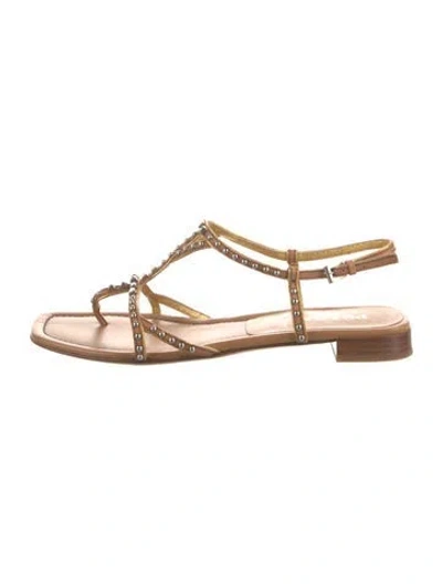 Pre-owned Prada Leather Studded Accents Sandals In Brown