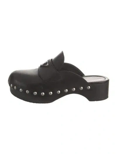 Pre-owned Prada Leather Studded Accents Slides In Black