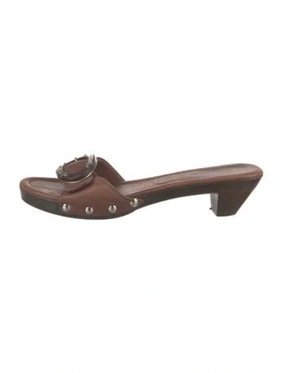 Pre-owned Prada Leather Studded Accents Slides In Brown