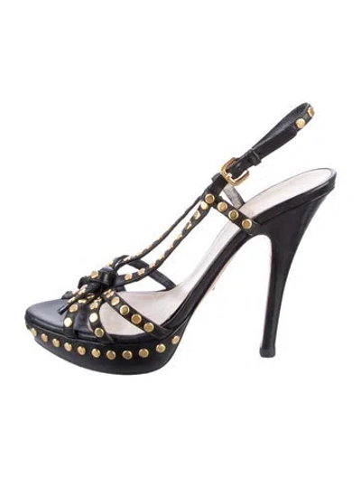 Pre-owned Prada Leather Studded Accents Slingback Pumps In Black