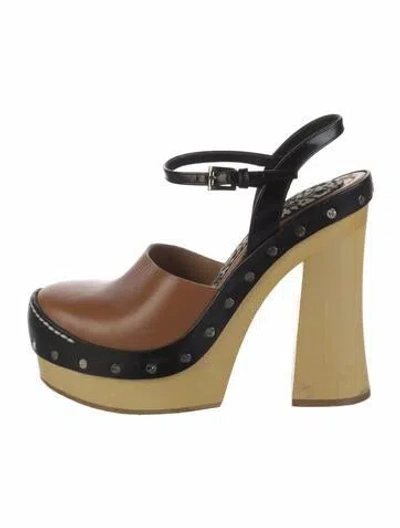 Pre-owned Prada Leather Studded Accents Slingback Pumps In Brown