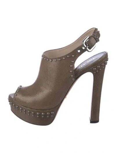 Pre-owned Prada Leather Studded Accents Slingback Pumps In Brown/neutrals