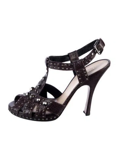 Pre-owned Prada Leather Studded Accents T-strap Pumps In Brown