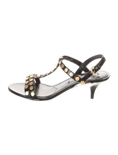 Pre-owned Prada Leather Studded Accents T-strap Sandals In Black