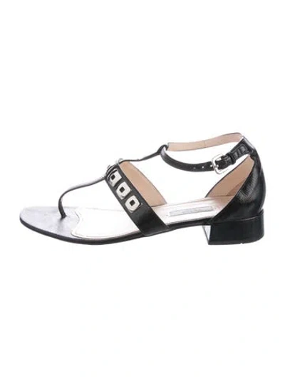 Pre-owned Prada Leather Studded Accents T-strap Sandals In Black