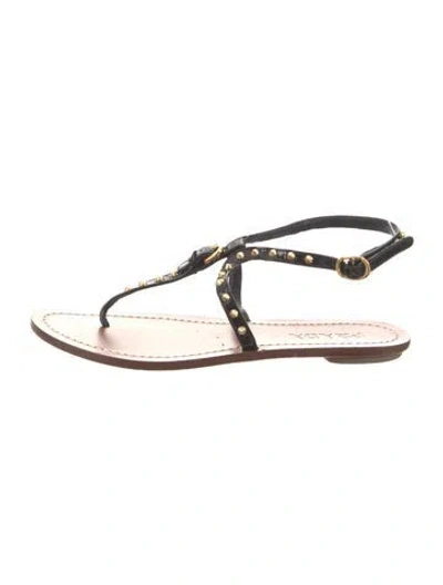 Pre-owned Prada Leather Studded Accents T-strap Sandals In Black