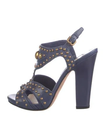 Pre-owned Prada Leather Studded Accents T-strap Sandals In Blue