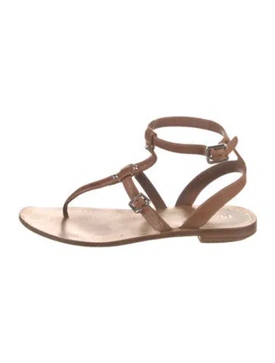 Pre-owned Prada Leather Studded Accents T-strap Sandals In Brown