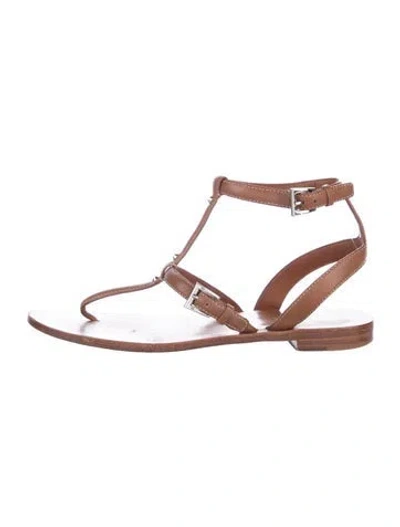 Pre-owned Prada Leather Studded Accents T-strap Sandals In Brown