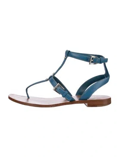 Pre-owned Prada Leather Studded Accents T-strap Sandals In Silver