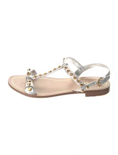 Pre-owned Prada Leather Studded Accents T-strap Sandals In Silver