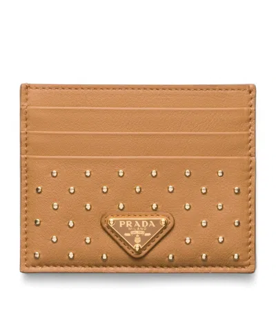 Prada Studded Leather Card Holder In Brown