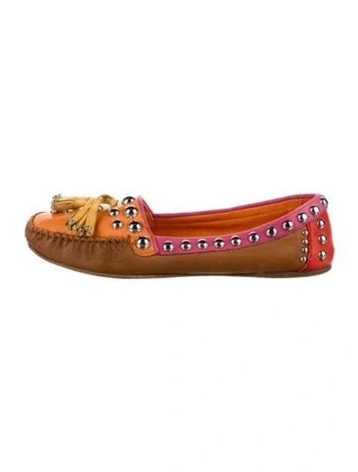 Pre-owned Prada Leather Tassel Accents Loafers In Brown/orange