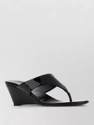 Prada Leather Thong Mules Wedge Heel Open Toe In Black