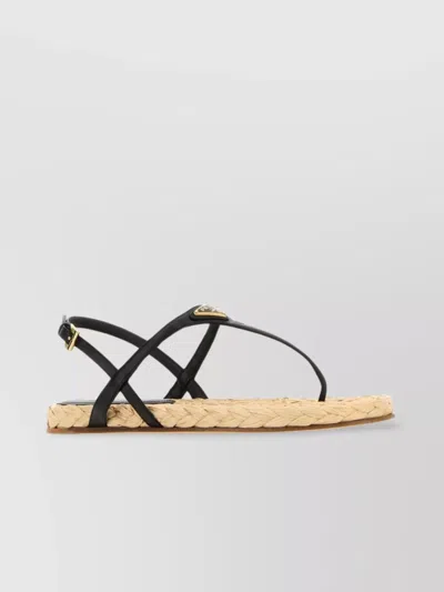 Prada Leather Thong Sandals With Braided Flat Sole In Black