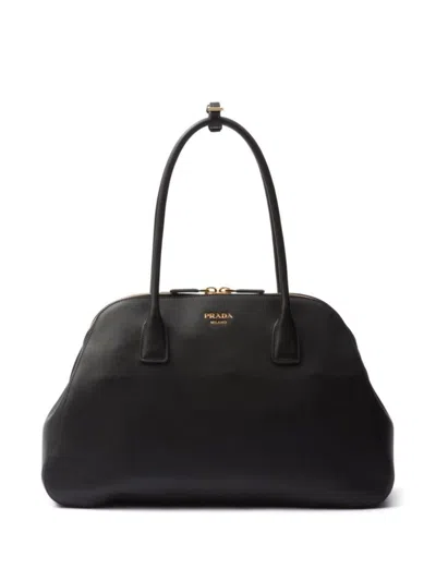 Prada Medium Leather Tote Bag With Zipper Closure In Black