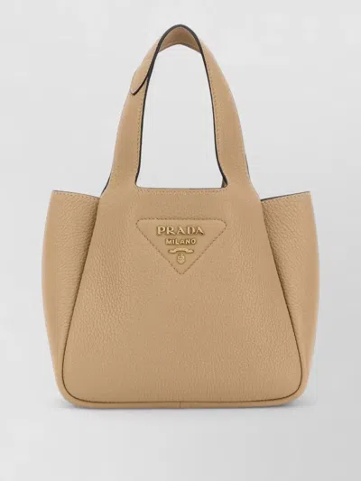 Prada Leather Tote Bag Textured Finish Top Handles In Neutral