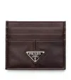 Prada Leather Triangle Card Holder In Brown
